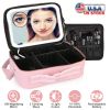 Travel Makeup Bag with LED Mirror Makeup Case Organizer with 3 Light Colors Adjustable Dividers Brush Holder Magnifying Mirror Shoulder Strap Luggage