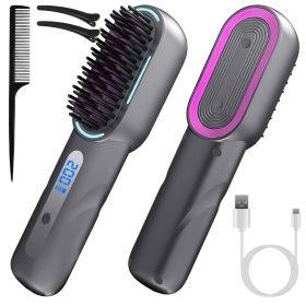 Cordless Hair Straightener Brush Rechargeable Mini Styling Comb with 4 Heating Levels Blue Light Sterilization Single press Stray Hair Removal 20Mins (Option: Grey)